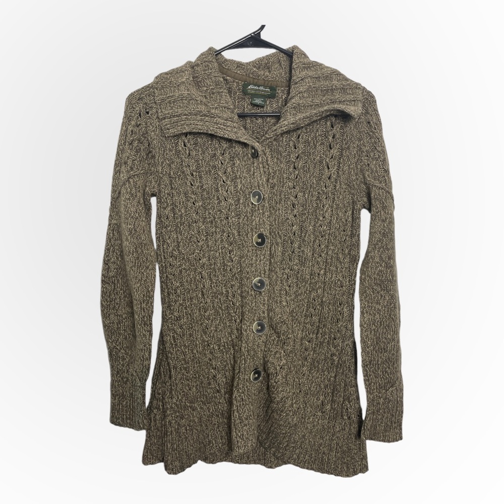 Vtg Eddie Bauer Shawl Collar Brown Button Up Knit Cardigan Sweater Size Small